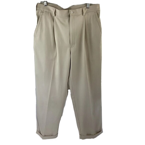 Nike Fit Dry Mens Golf Pants 36x30 Tan Chino Polyester Logo Pleated Cuffed - Picture 1 of 11
